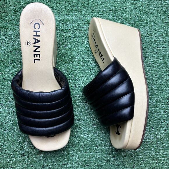 Chanel Wedge Platform Mules White Black SZ 37 US 6.5 Authentic Sandal Heels - Picture 1 of 10